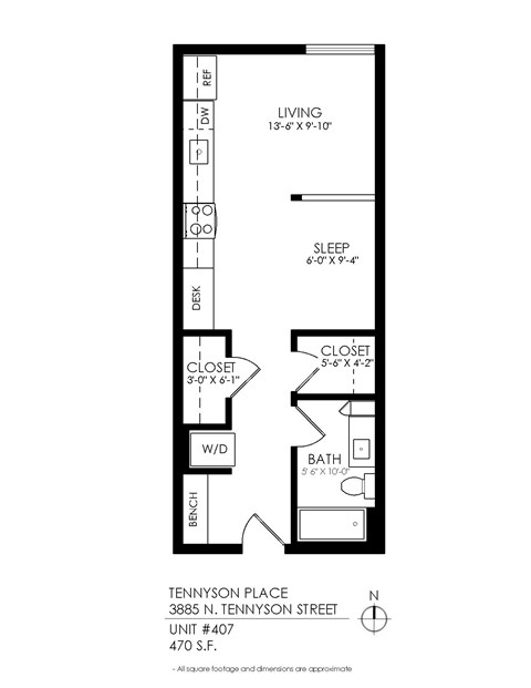 A black and white image of a floor plan for a Tennyson Place apartment.
